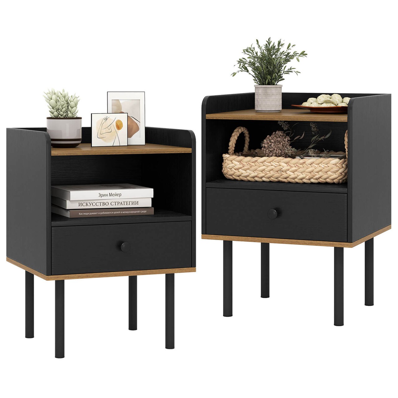 Costway Nightstand Bedside End Table with Drawer & Open Shelf for Living Room Bedroom